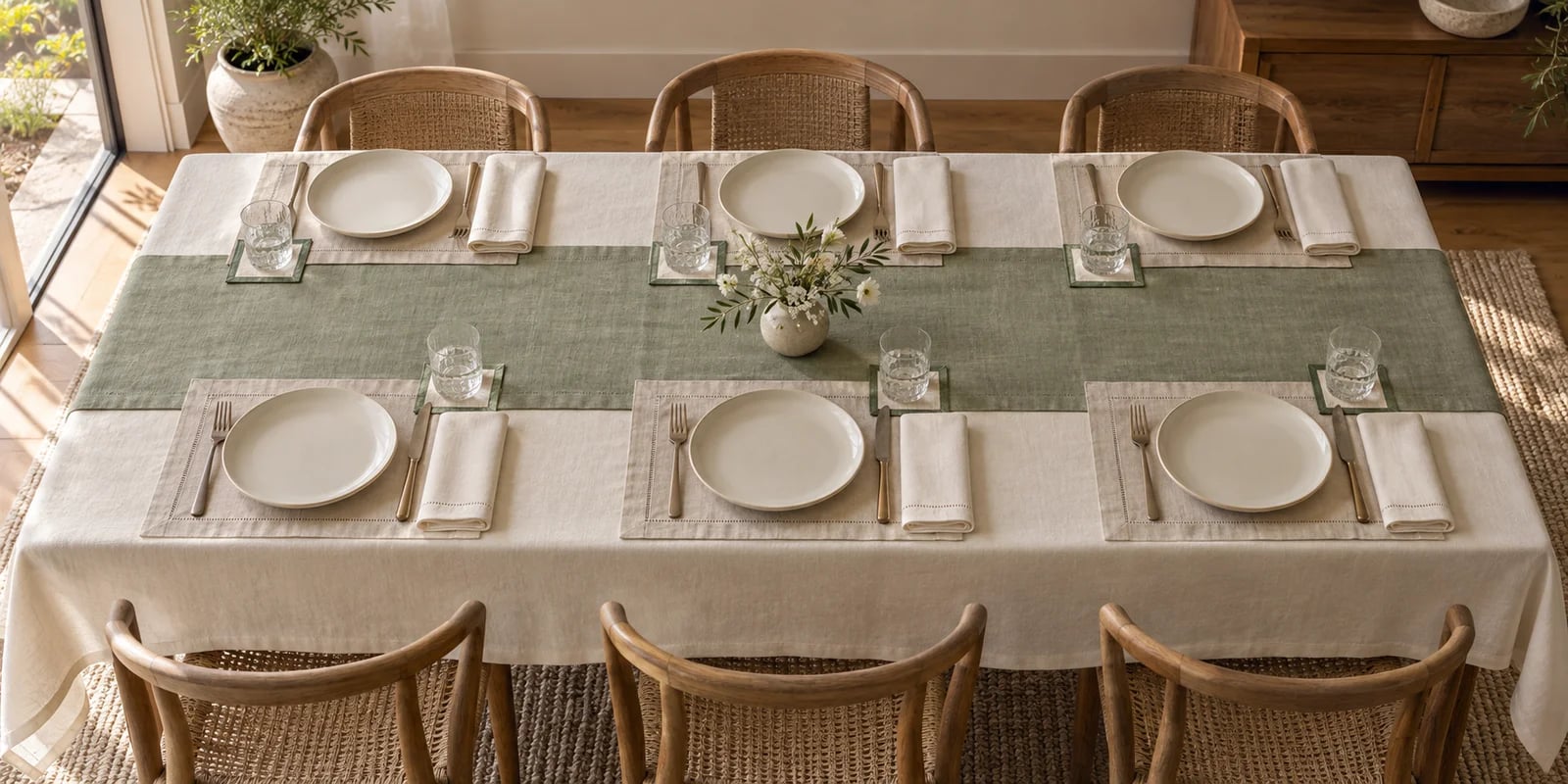 Layered tablecloth and runner with coordinated placemats and napkins