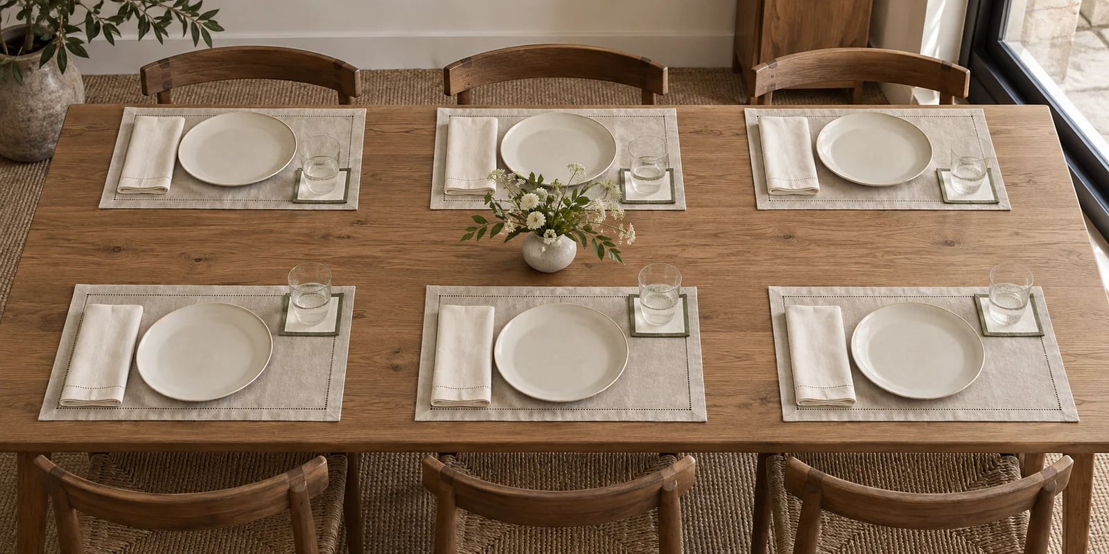 Placemat, dinner napkin and cocktail napkin table setting