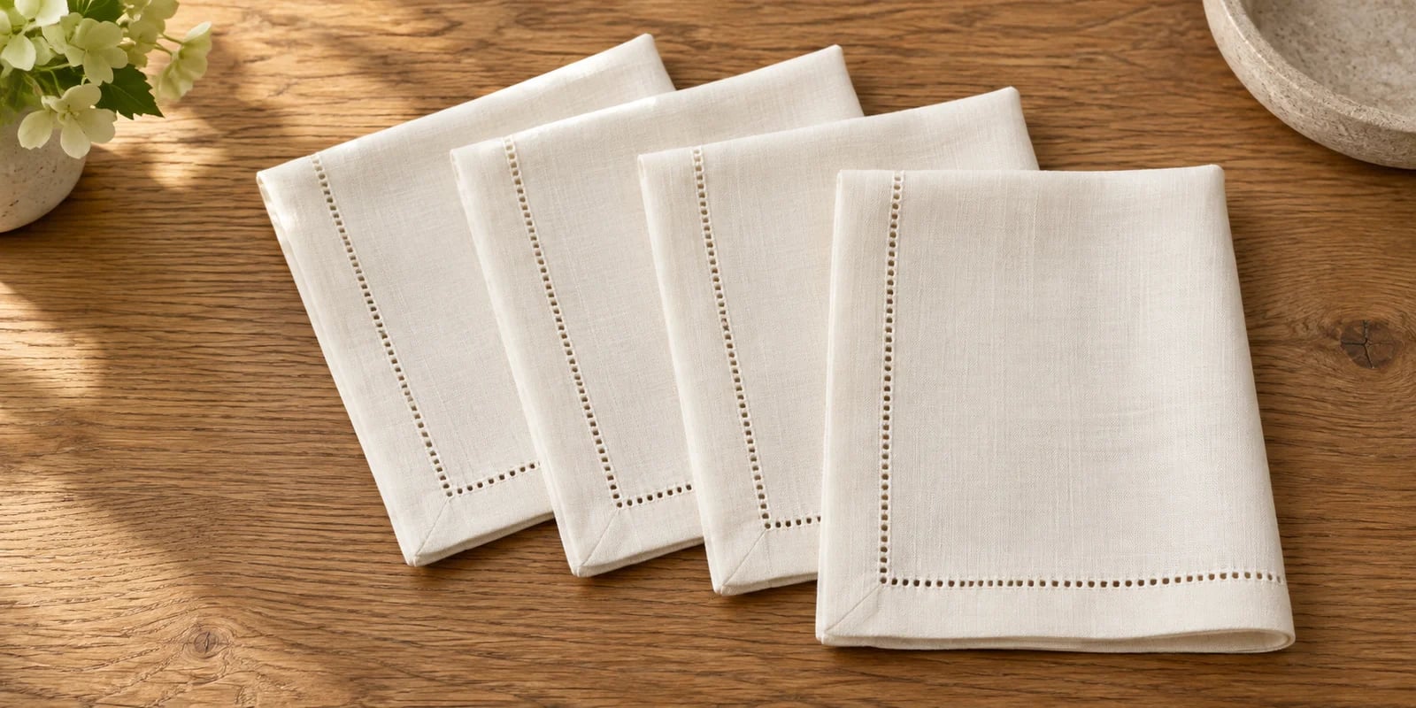 Four ivory hemstitched dinner napkins
