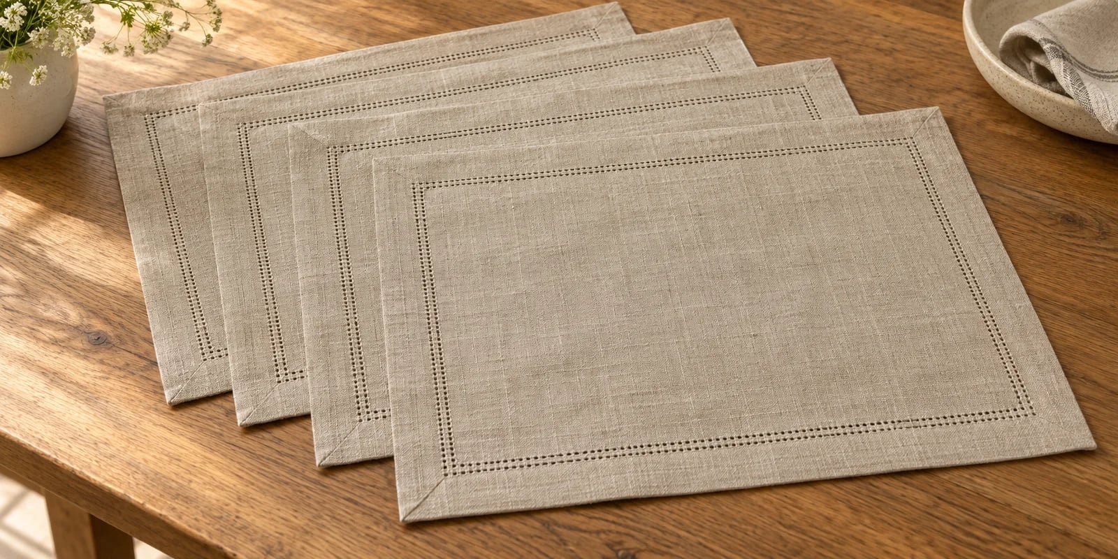 Four flax-coloured hemstitched placemats