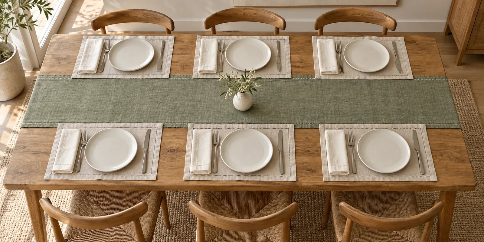 Sage runner with coordinated placemats and dinner napkins
