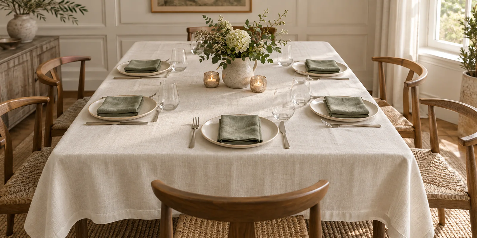 Ivory tablecloth with sage dinner napkins