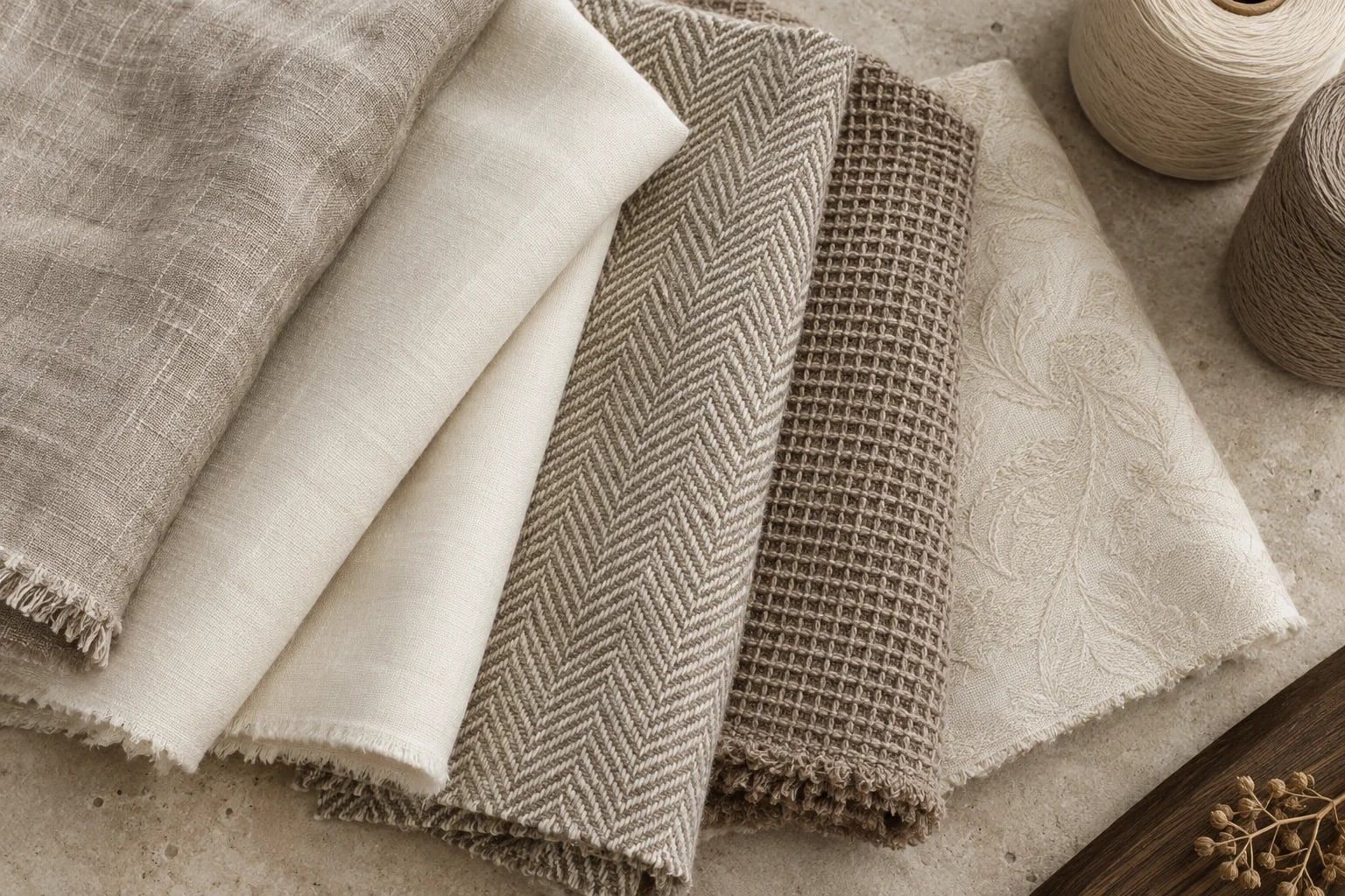 Linen, cotton, herringbone, waffle and jacquard weave samples