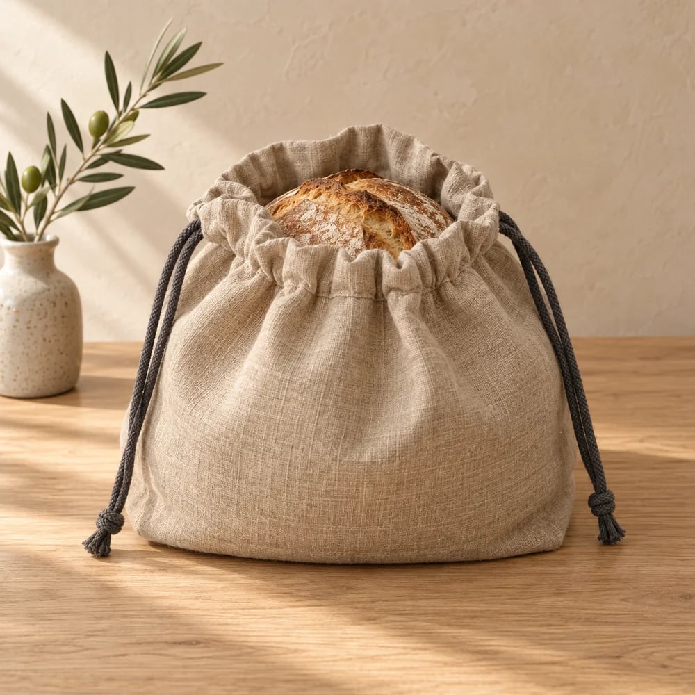 Drawstring bread bag in flax