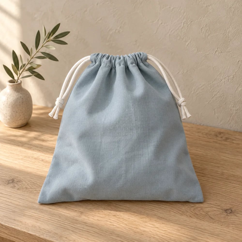 Double cord drawstring bag in muted blue