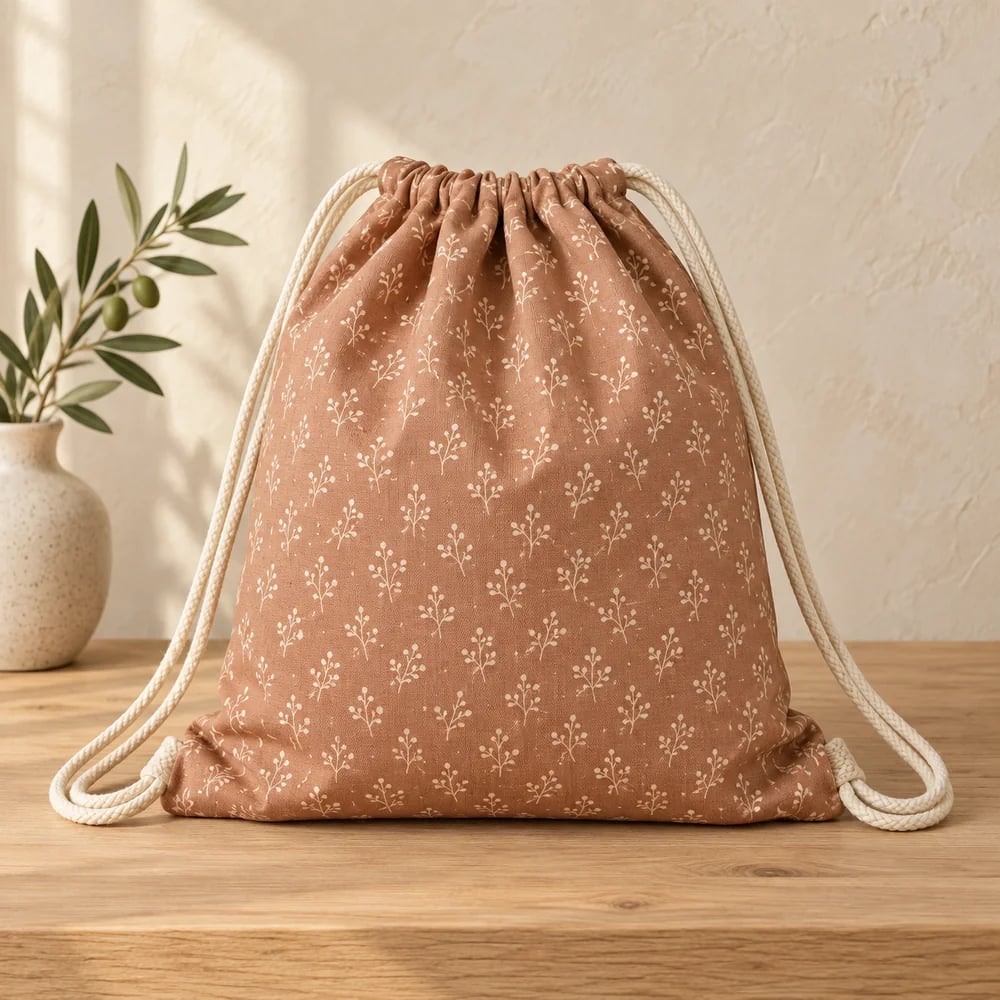 Printed drawstring bag in clay