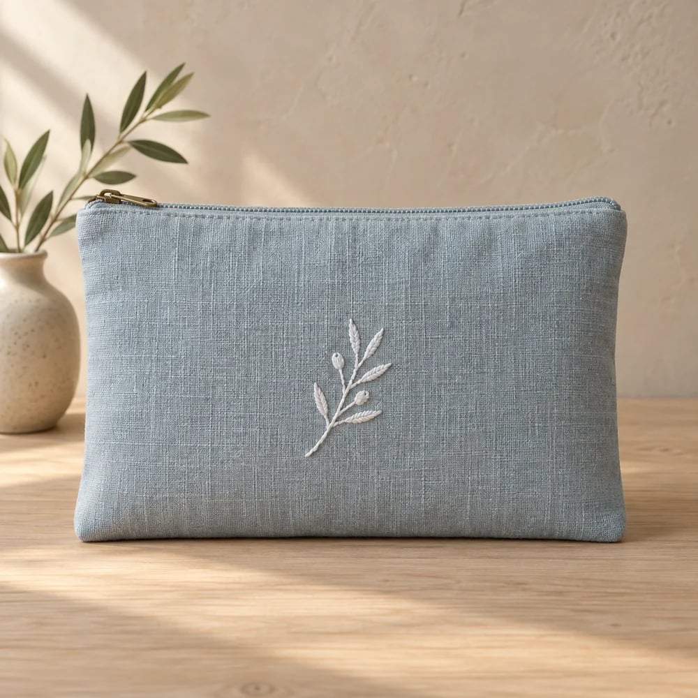 Embroidered pouch in muted blue
