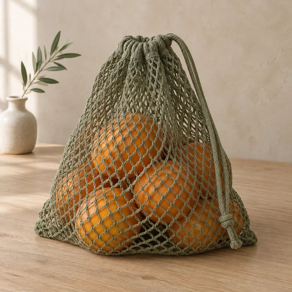 Knitted mesh produce bag in olive