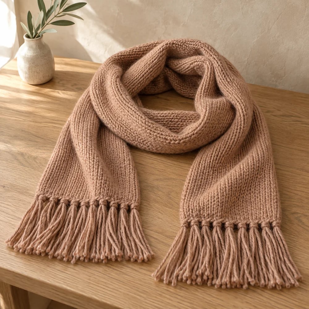 Fringed knit scarf in clay