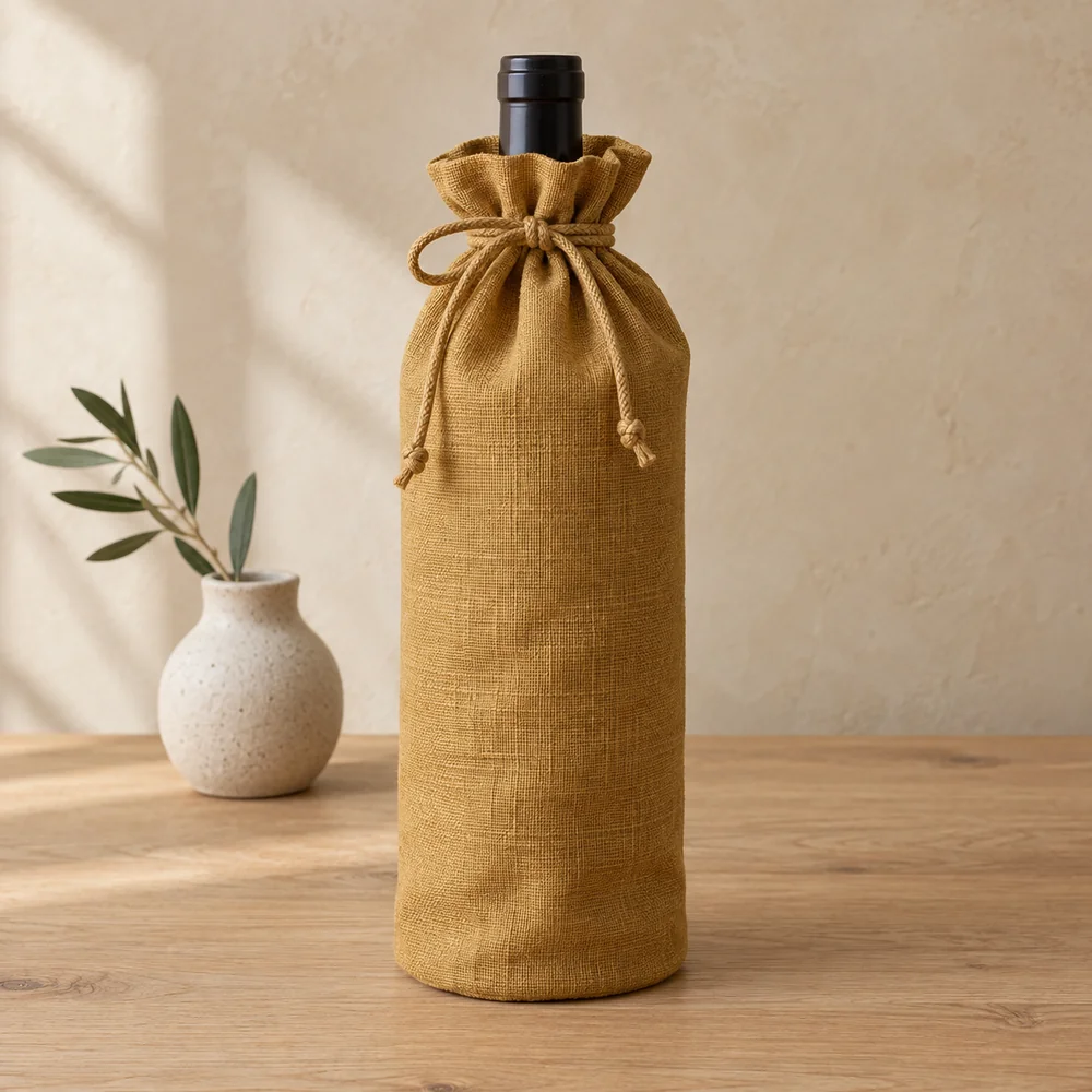 Drawstring bottle bag in ochre
