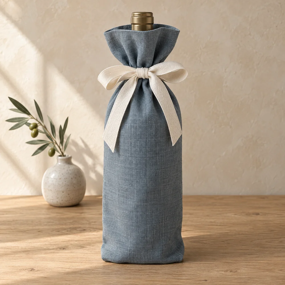 Tie top bottle bag in slate blue