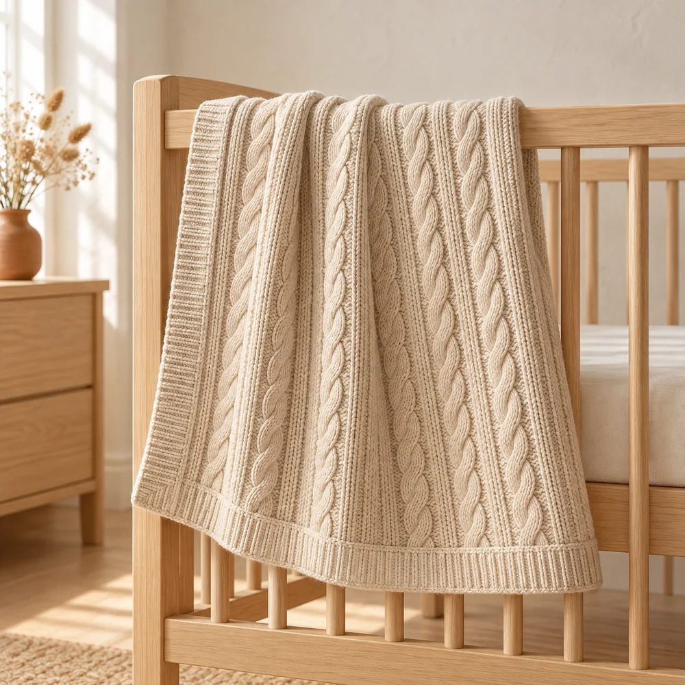 Cable pattern blanket in oatmeal