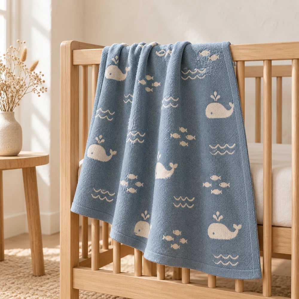 Sea creatures jacquard blanket in muted blue