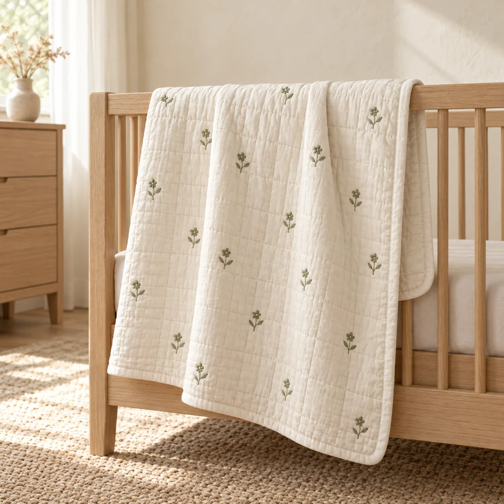 Embroidered quilt in ivory