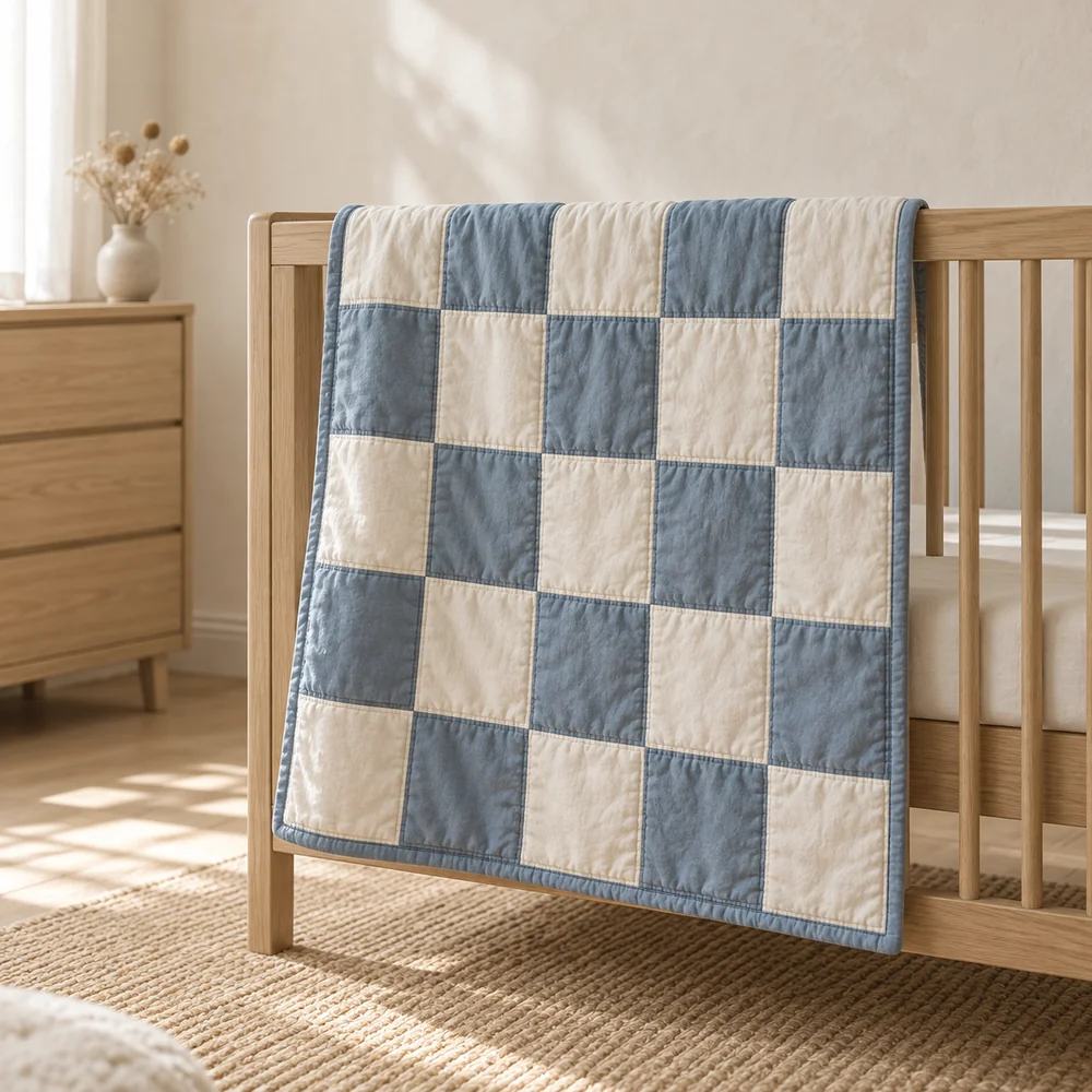 Patchwork quilt in muted blue