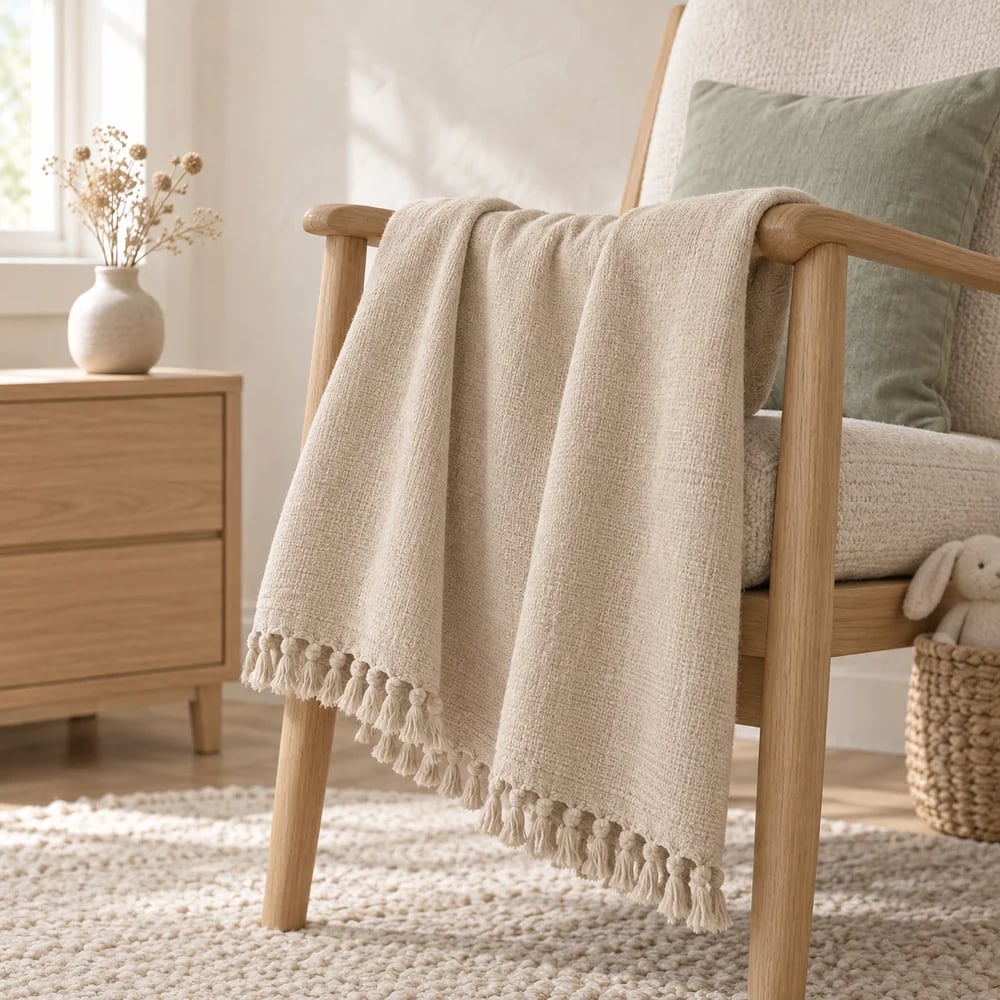 Fringed throw in oatmeal