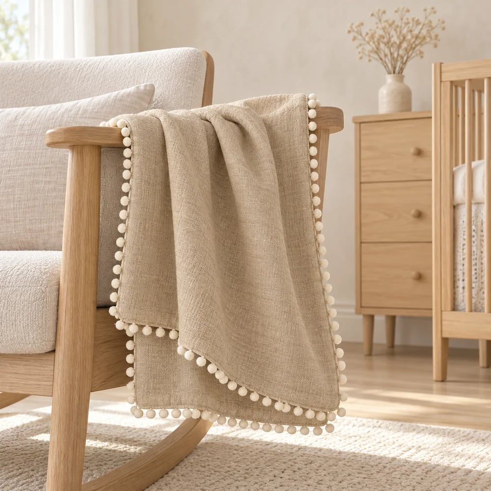 Pom pom edge throw in flax