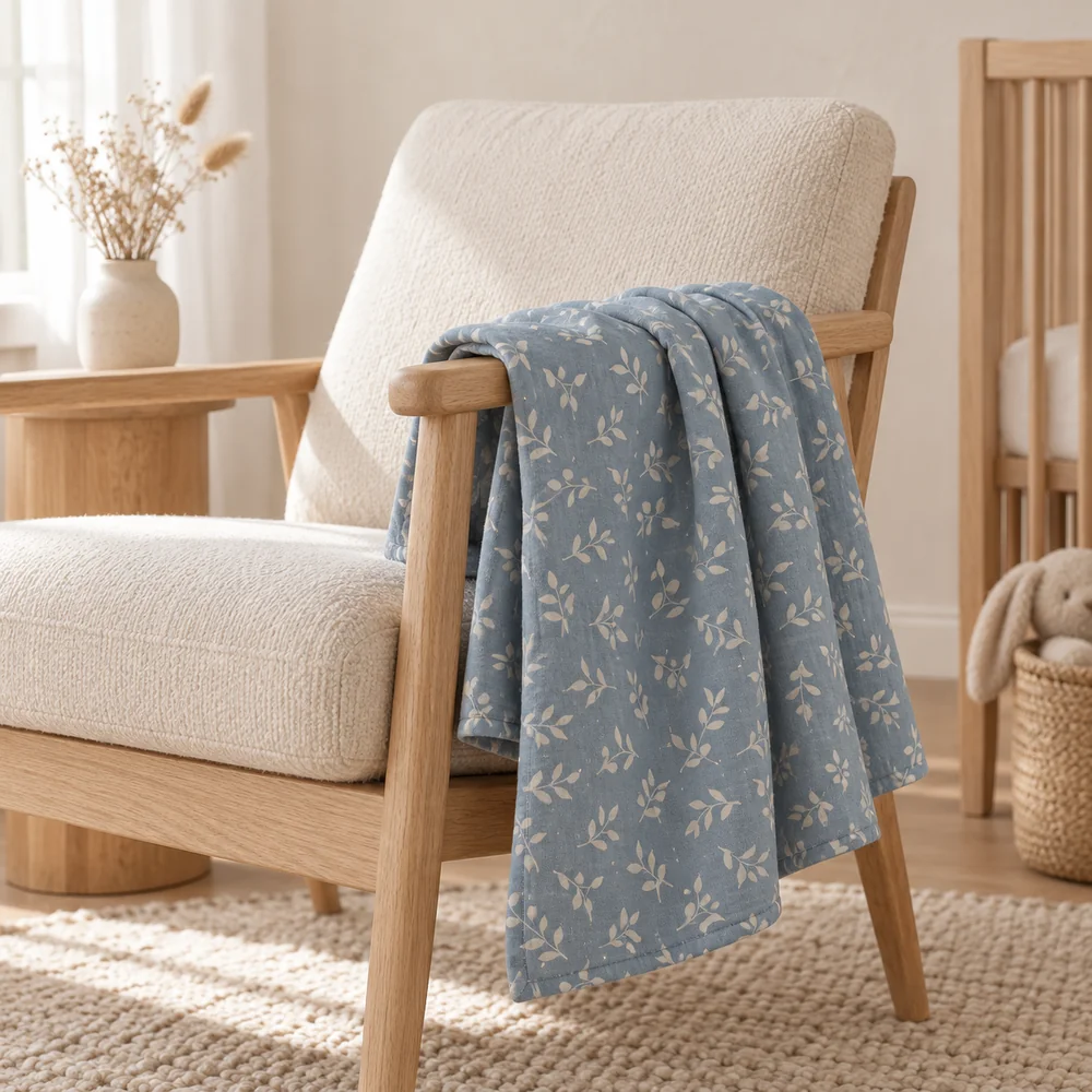 Printed throw in muted blue