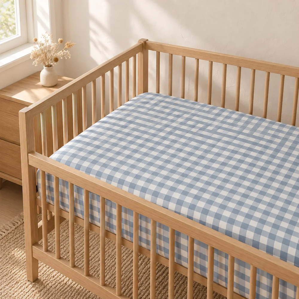Gingham cot sheet in muted blue