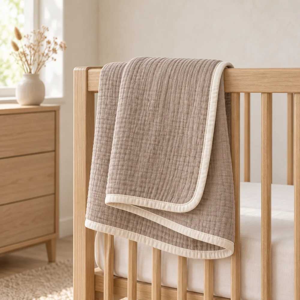 Bound muslin blanket in taupe