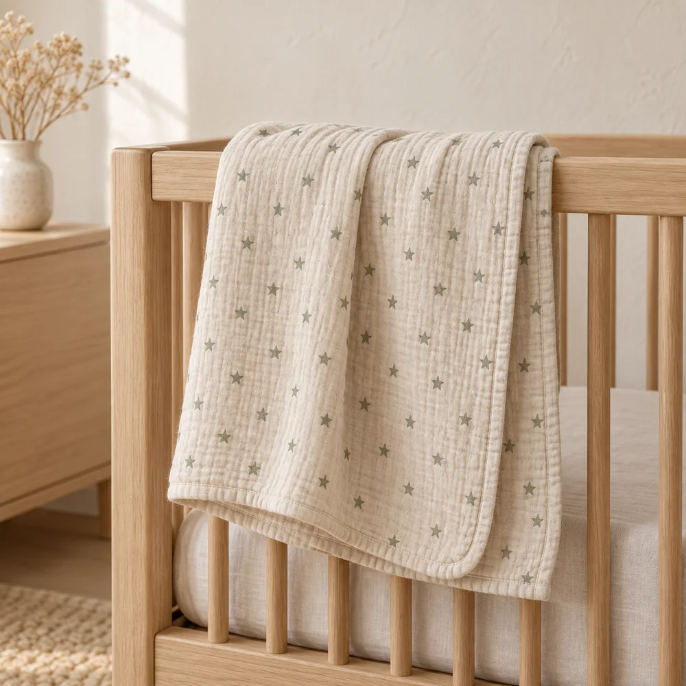 Printed muslin blanket in oatmeal