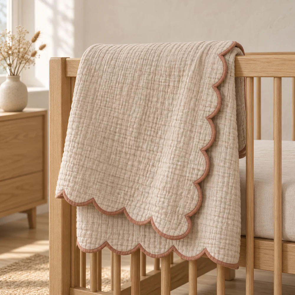 Scalloped muslin blanket in natural linen
