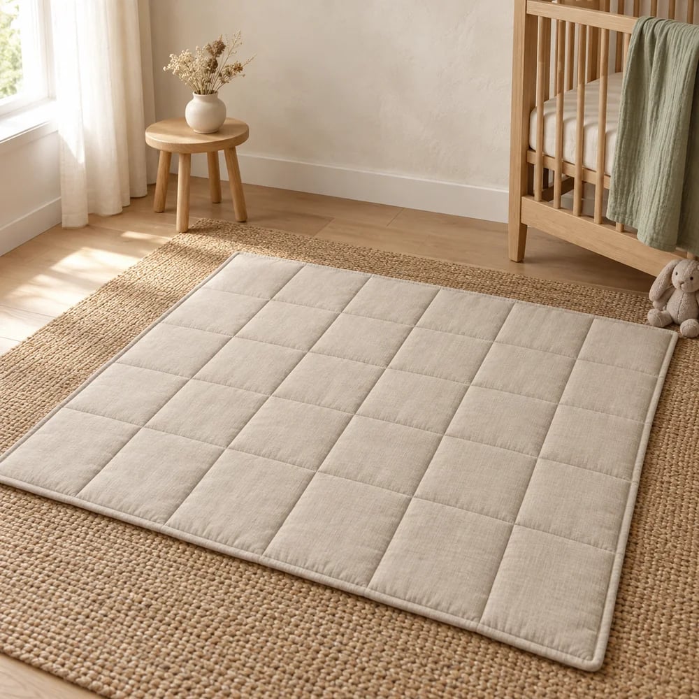 Square quilted play mat in oatmeal