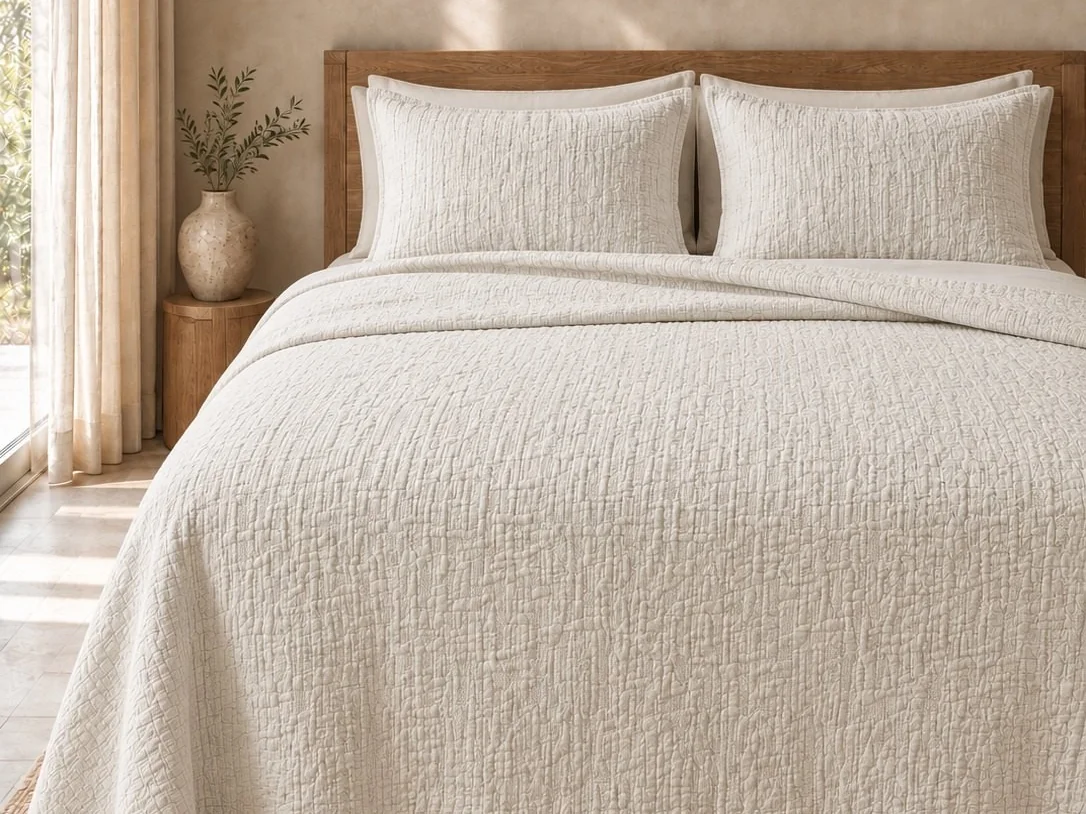 Ivory cotton matelassé coverlet with matching shams on a wooden bed