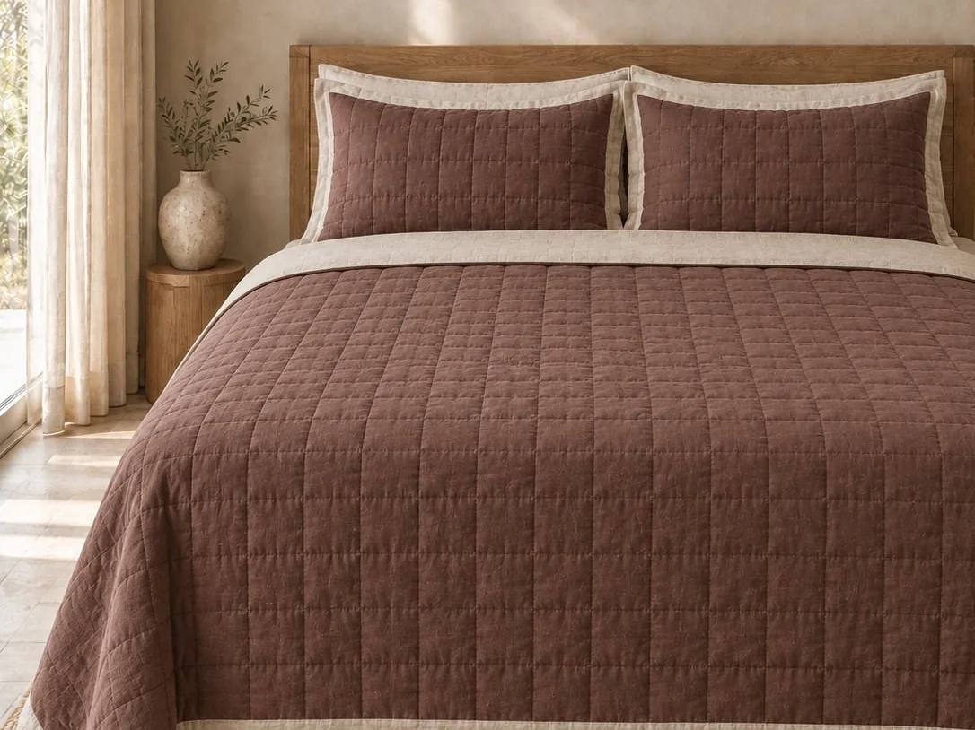 Brown box-quilted linen quilt with a contrast border and matching shams