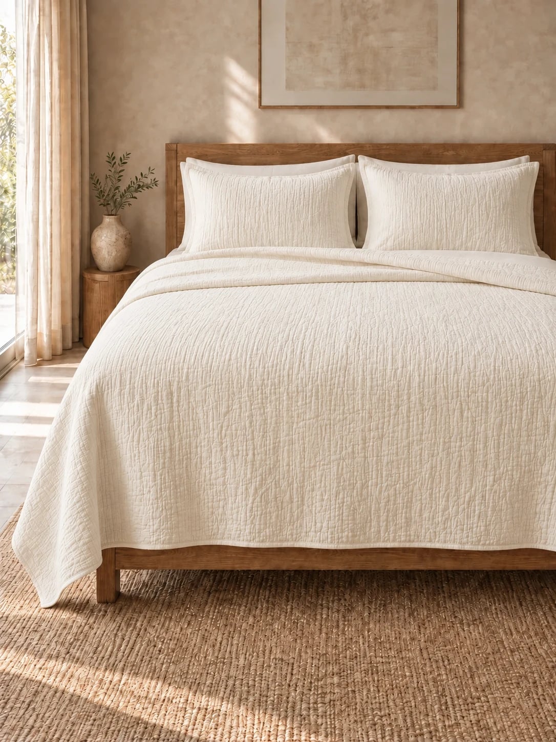 Ivory crinkled cotton muslin coverlet with a turned edge on an oak bed