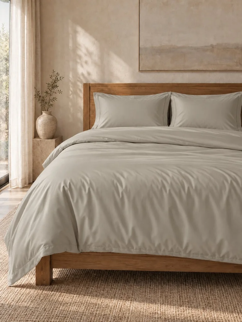 Egyptian cotton duvet cover set in Stone on a wooden bed