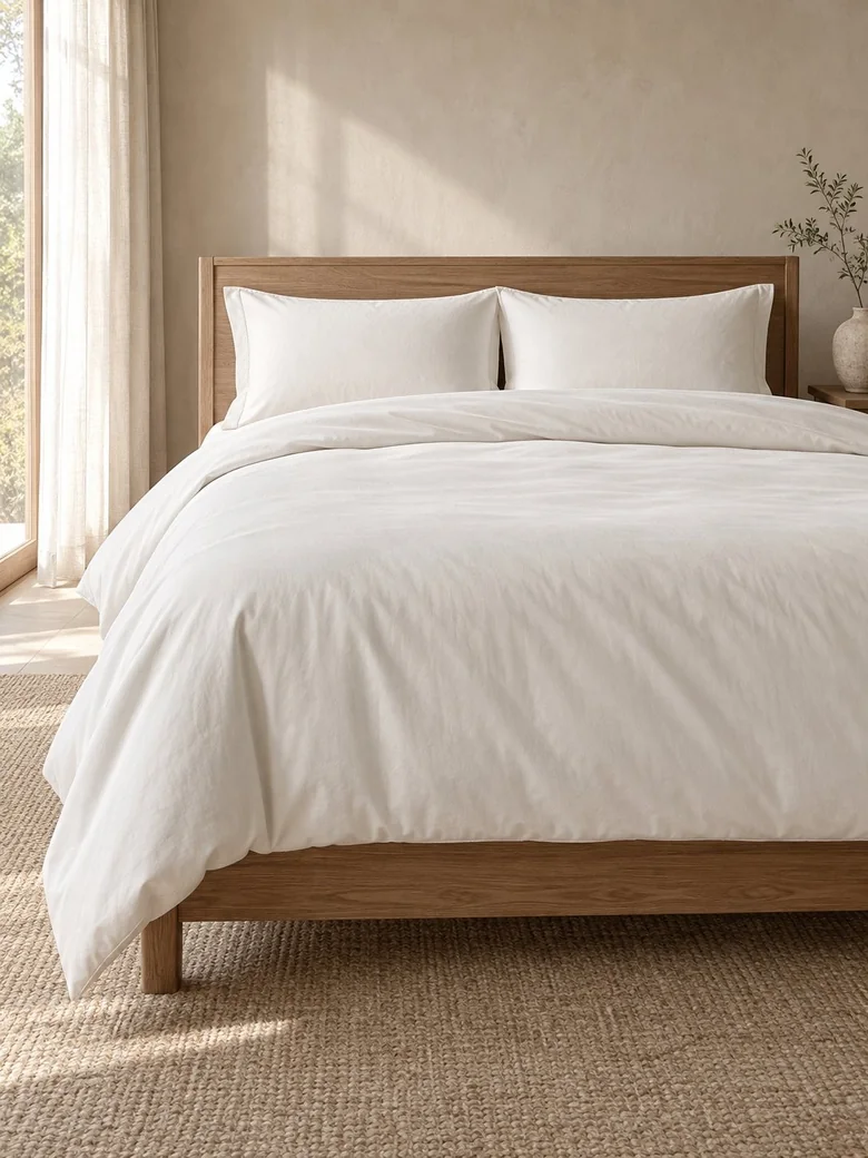 Egyptian cotton duvet cover set in Ivory on a wooden bed