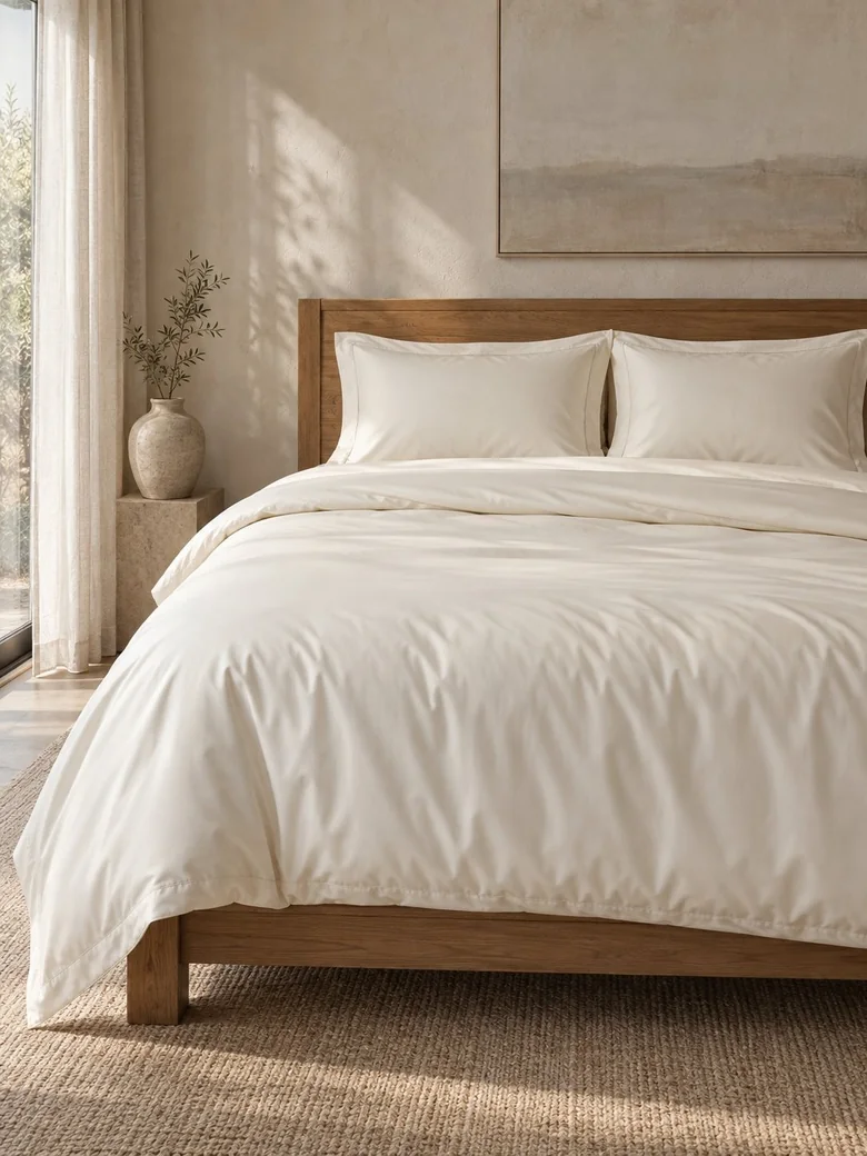 Egyptian cotton duvet cover set in Ivory on a wooden bed