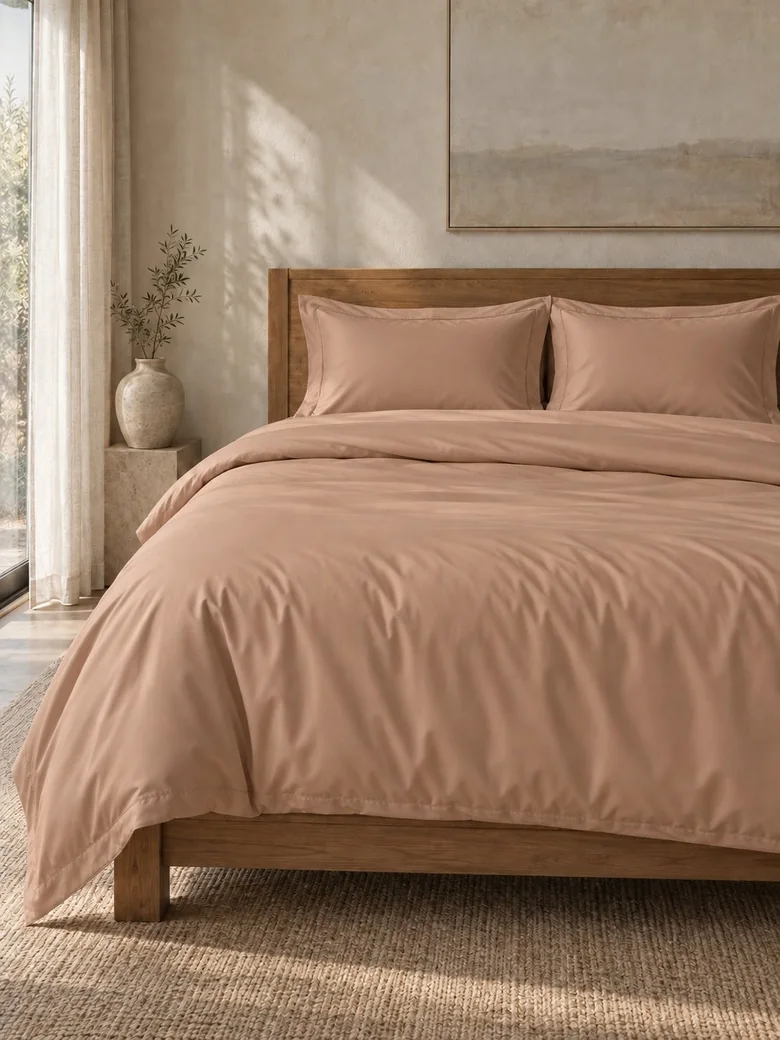 Egyptian cotton duvet cover set in Clay on a wooden bed