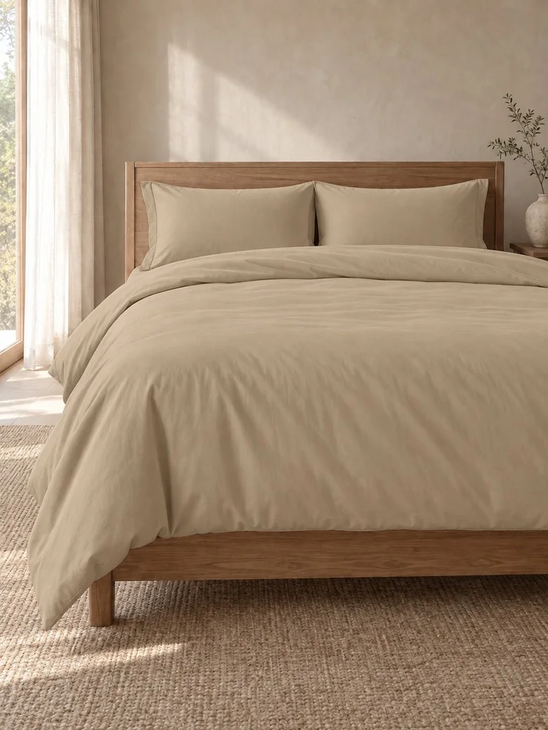 Indian cotton duvet cover set in Flax on a wooden bed