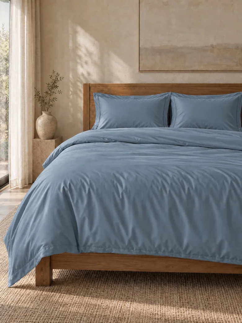 Indian cotton duvet cover set in Slate blue on a wooden bed