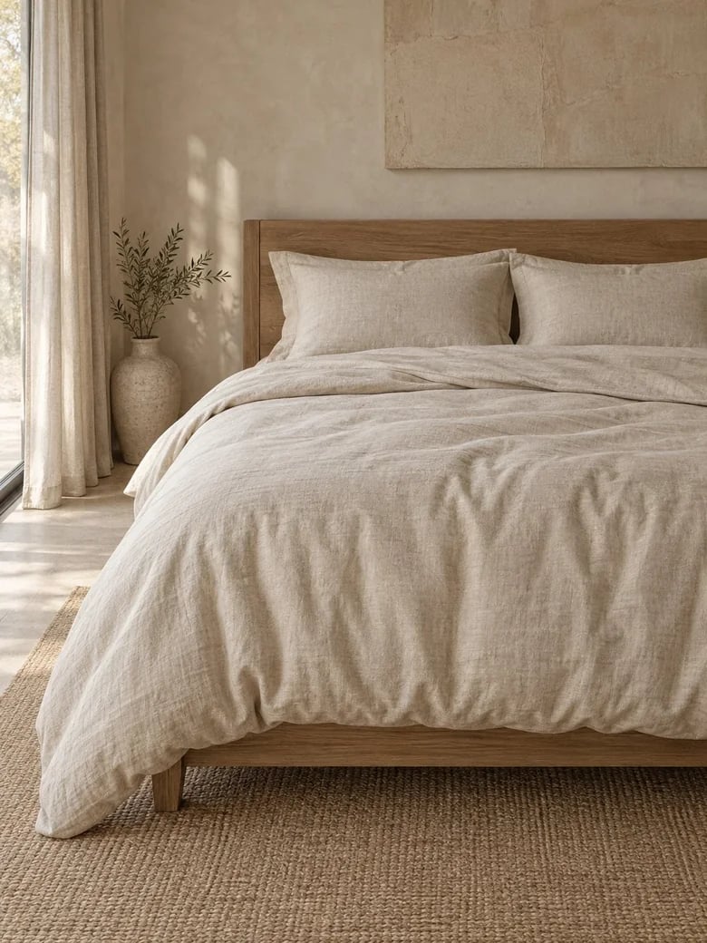 Linen-cotton duvet cover set in Oatmeal on a wooden bed