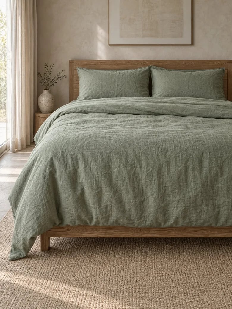 Linen bedding in Sage on a made wooden bed