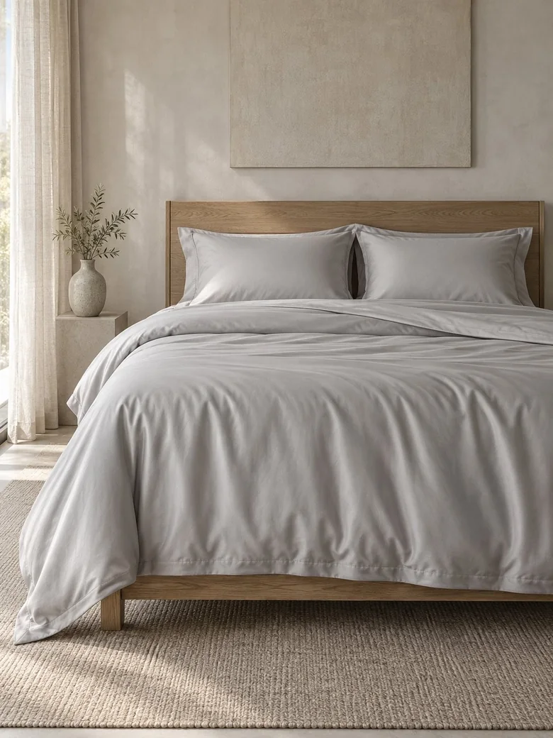 TENCEL™ duvet cover set in Stone on a wooden bed