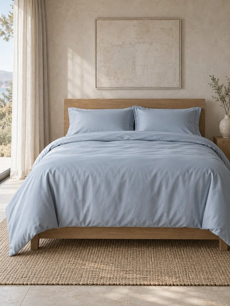 TENCEL™-cotton duvet cover set in Muted blue on a wooden bed