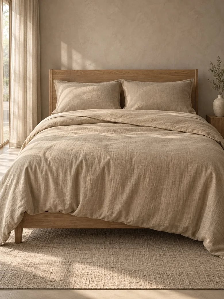 TENCEL™-linen duvet cover set in Flax on a wooden bed