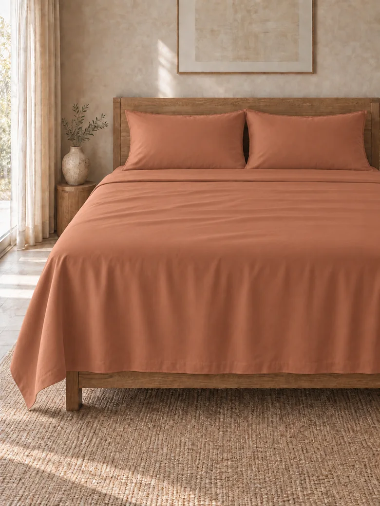 Egyptian cotton flat sheet set in Terracotta on a wooden bed