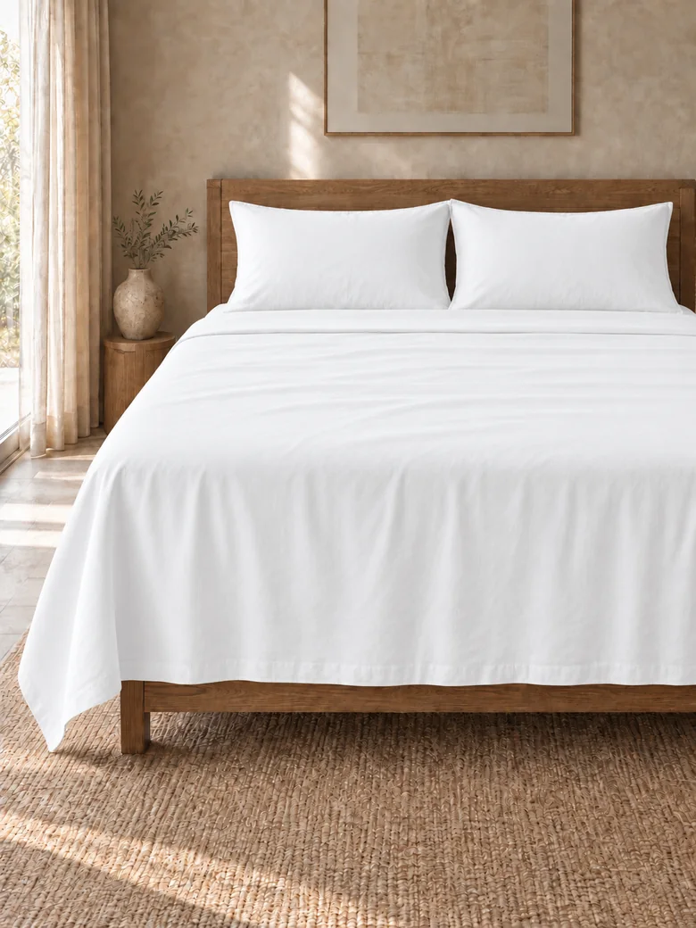 Egyptian cotton flat sheet set in White on a wooden bed