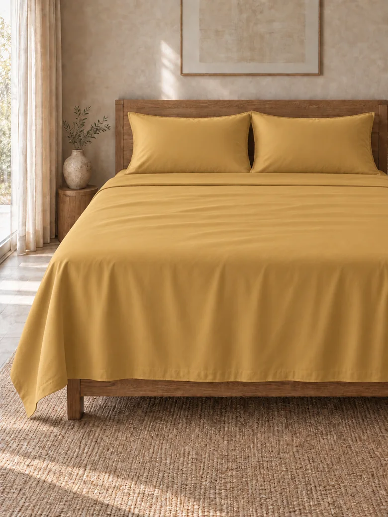 Egyptian cotton flat sheet set in Ochre on a wooden bed