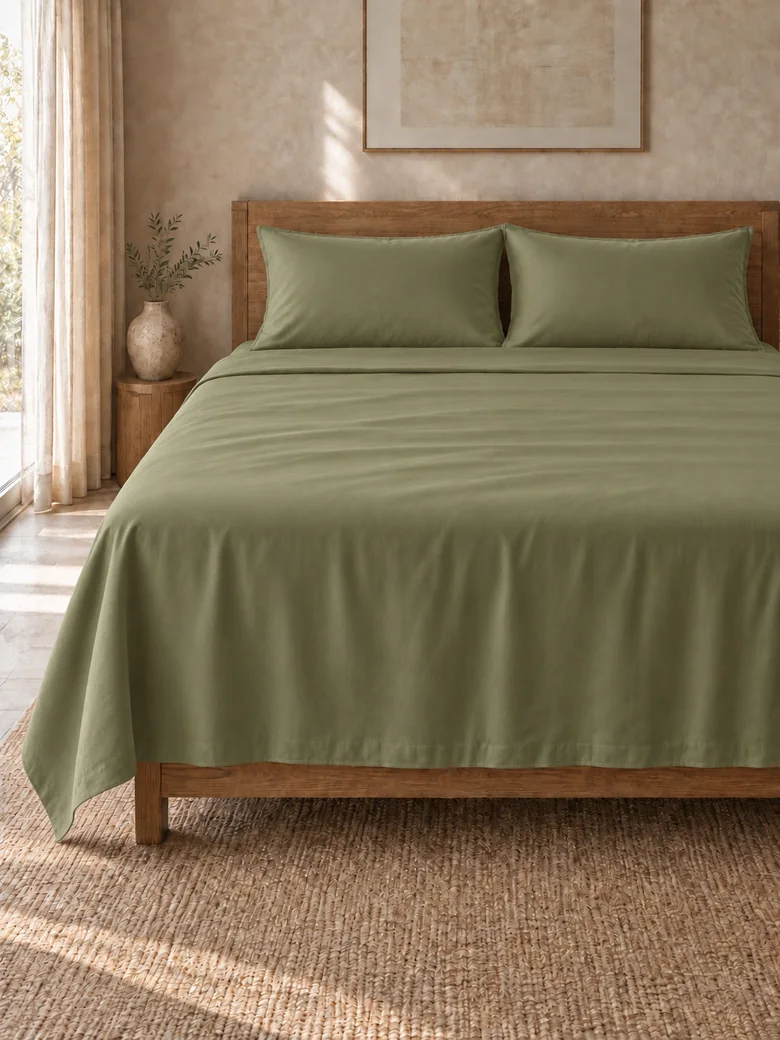 Egyptian cotton flat sheet set in Olive on a wooden bed