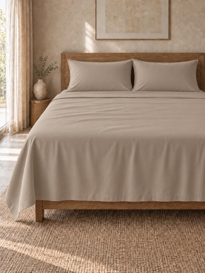 Indian cotton flat sheet set in Taupe on a wooden bed
