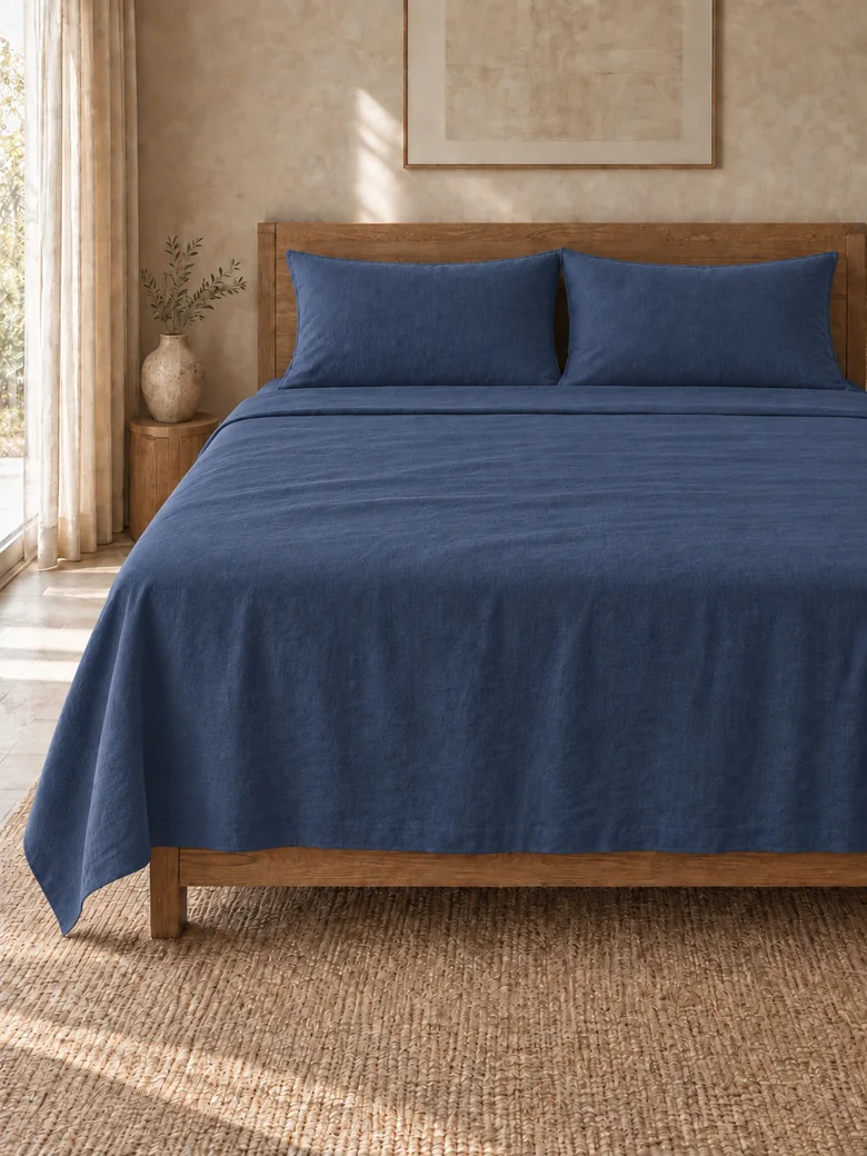 Linen-cotton flat sheet set in Navy on a wooden bed