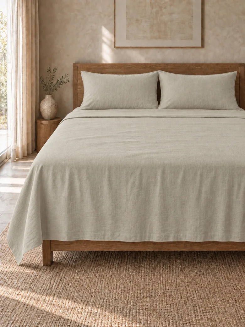 Linen-cotton flat sheet set in Stone on a wooden bed