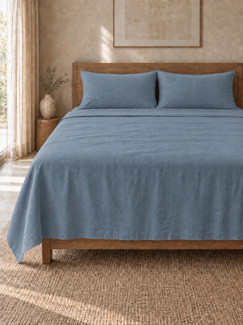Linen-cotton flat sheet set in Slate blue on a wooden bed