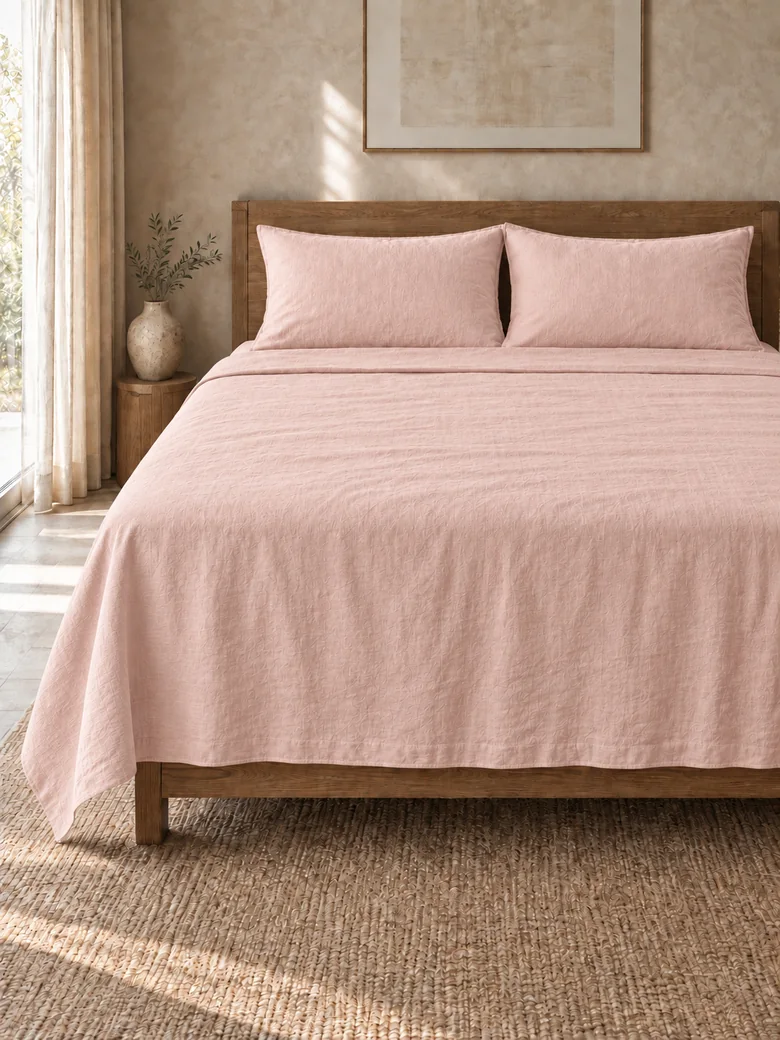 Linen flat sheet set in Blush pink on a wooden bed